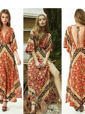 Red Floral Boho Maxi Dress with Tie-Back